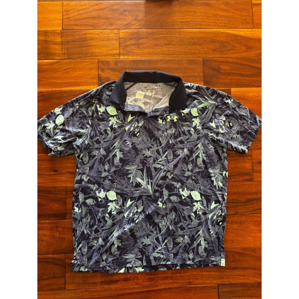 Under Armour Iso-Chill Polo Mens Large Navy Lime Green Excellent Tropical Floral
